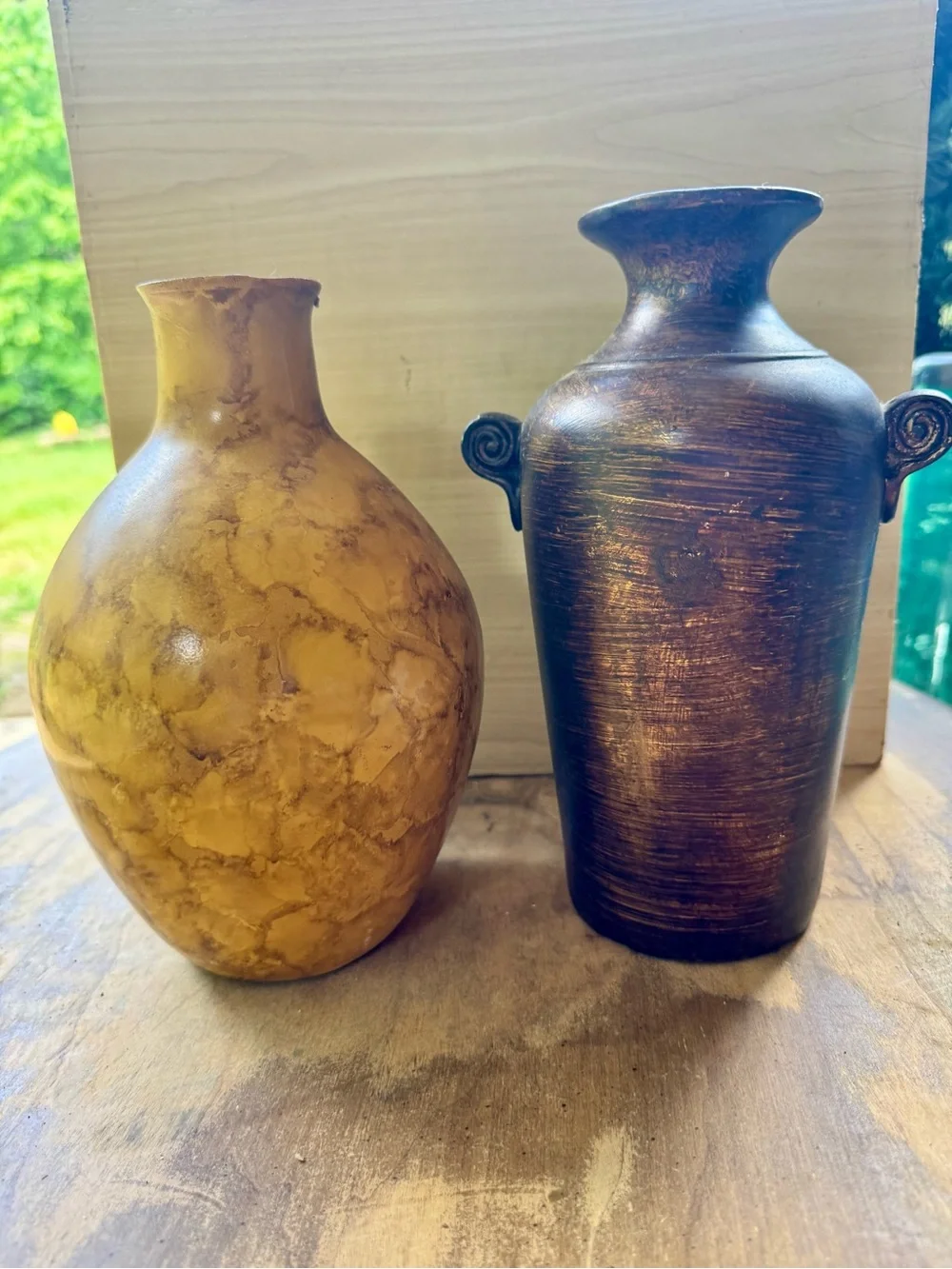 Marbled Yellow and Bronze Decorative Vase Duo